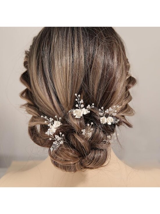 Women\'s Silver Rhinestone Crystal Handmade Bridesmaid Floral Pearl Hair Pins main image 7